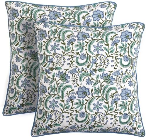 Ridhi Columbia Blue Block Print Cotton Pillow Cover 16x16 Inch Set of 2 by Ridhi
