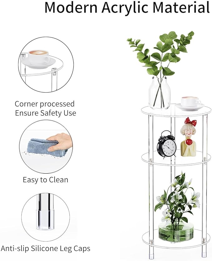 Clear Round Acrylic Side Table Set of 2 for Small Spaces, 11.81" L x 11.81" W x 24.6" H, 3 Tier Small Drink End Table Nightstand, Minimalist Bedside Table for Living Room, Bedroom, Bathroom