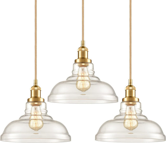 CLAXY Modern Gold Pendant Light Classic Glass Dome Kitchen Hanging Light Fixture-3 Pack