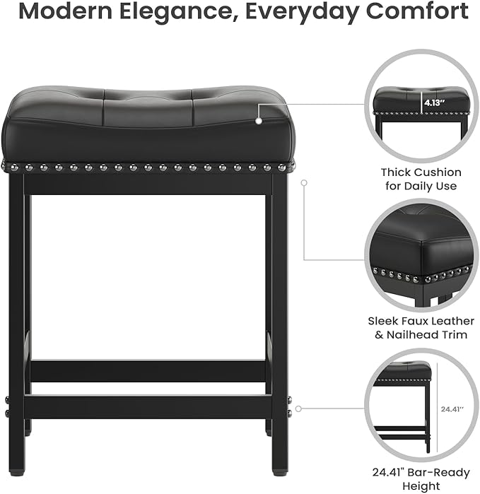 MALOL Set of 3 Saddle Bar Stools Counter Height 24.4”, Black Backless Barstools for Kitchen Island, Modern PU Leather Cushioned Seat, Bar Chairs for Kitchen Counter, Breakfast Bar Stools for Home