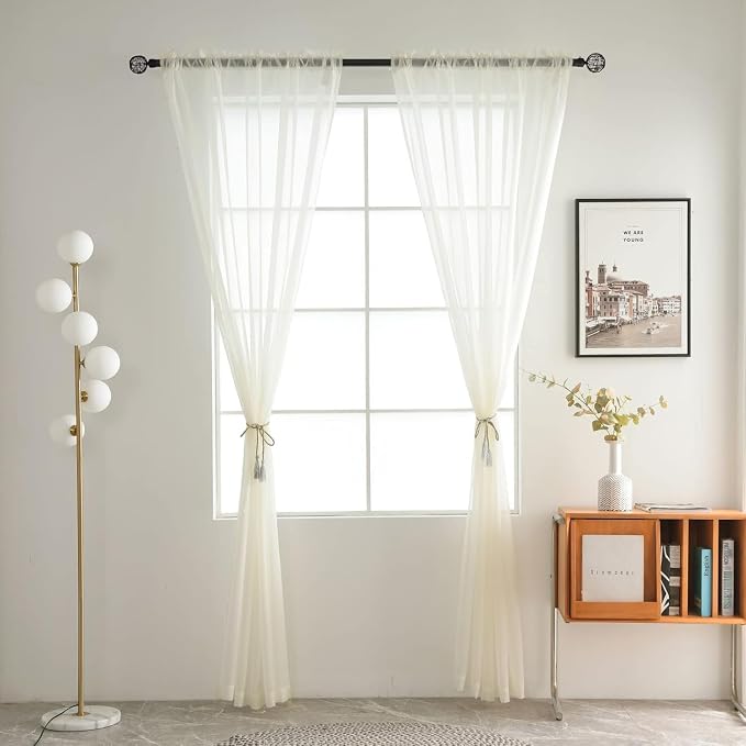 SpaceDresser Ivory Sheer Curtains 4 Panels Rod Pocket Semi-Sheer Curtain 90 - Image 3