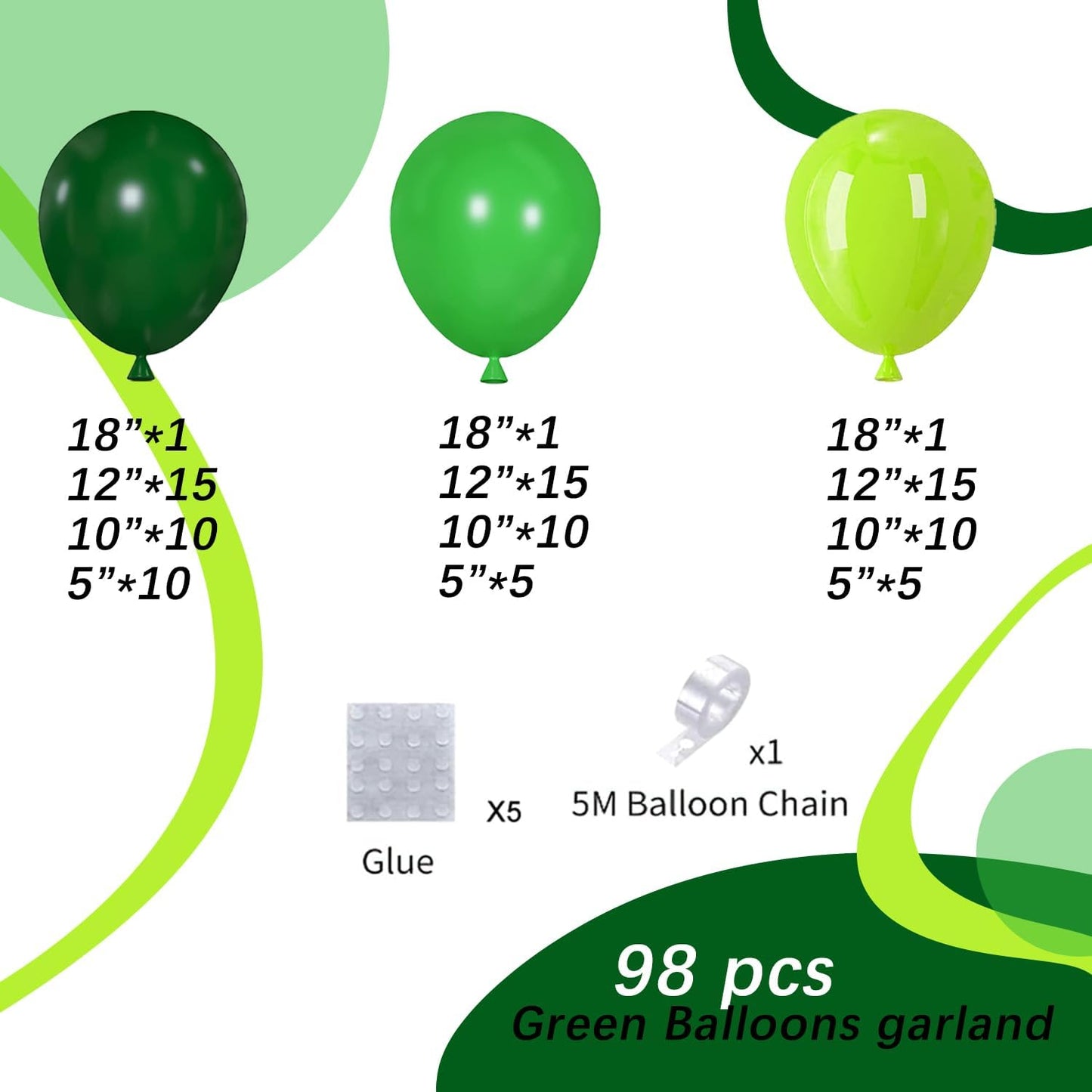 Green Balloons Arch Garland Kit, 98pcs Green Balloon Difference Sizes Latex Balloons with 16ft Tape Strip & Dot Glue for Birthday Baby Shower Jungle Safari St. Patrick's Day Decoration
