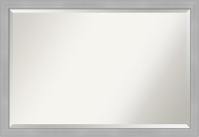 Amanti Art Silver Bathroom Mirror for Over Sink, 27x39 Vista Brushed Nickel Narrow Rectangle Vanity Mirror, Large Casual Frame, Hangs Horizonally and Vertically, Bathroom Wall Decor, Beveled Edge