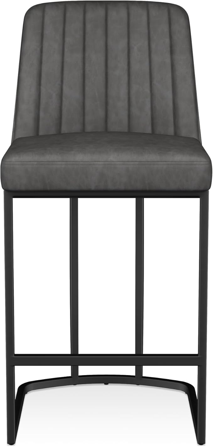 Bar Stools Set of 6, Faux Leather Counter Height Barstools, Upholstered Kitchen Counter Stools with Back and Stitching, 25.6" H Kitchen Island Stools Bar Chair, Metal Framed, Black Grey