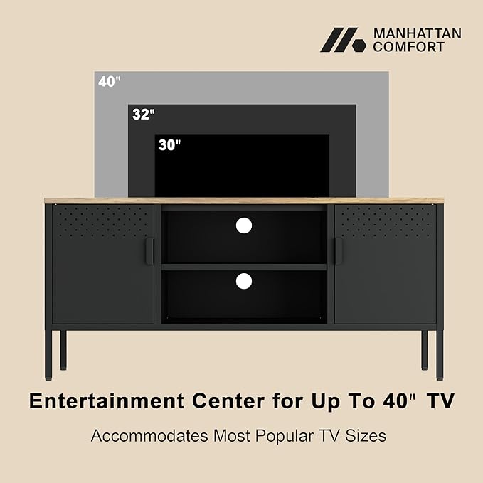Manhattan Comfort Landen 47" Modern Metal TV Stand with Storage Cabinets & Open Shelves, Holds Up to 40" Screen, TV Console with Natural Wood Top, Cable Management, Adjustable Legs, Black