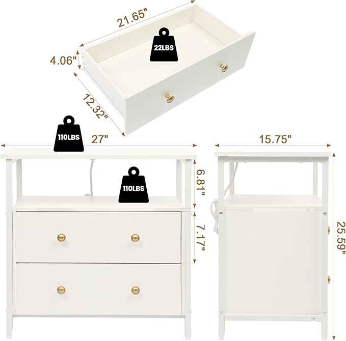 27 inch Wide Nightstand with Charging Station, Bedside Table with Open Shelf, 2 Drawers Small Wood Dresser, End Side Table for Bedroom (2 Pack,White)