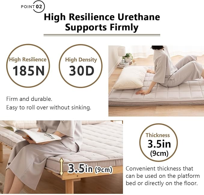 EMOOR Japanese Padded Futon Mattress Machi Queen Gray, Gusset Foldable Storable Elastic Bands Floor Sleeping Guest Bed Tatami Mat