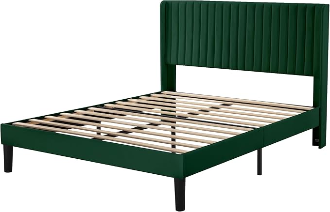 Allewie Queen Size Bed Frame/Velvet Upholstered Platform Bed/Vertical Channel Tufted Wingback Headboard/Strong Wooden Slats/No Box Spring Needed/Easy Assembly/Green