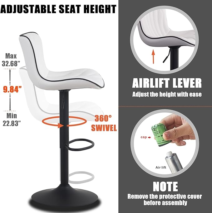 YOUNIKE Single White Bar Stools Modern Swivel Counter Height Bar Chair with Back Adjustable Kitchen Island Faux Leather Padded Barstools taburetes de bar Breakfast sillas para barra de cocina 1PCS