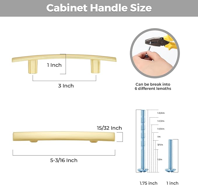 5 Pack Cabinet Handles 3" Hole Center - Curved Cabinet Pulls Brushed Brass Drawer Pulls for Kitchen Cupboard Solid Handles for Dresser Drawer Arch Closet Hardware