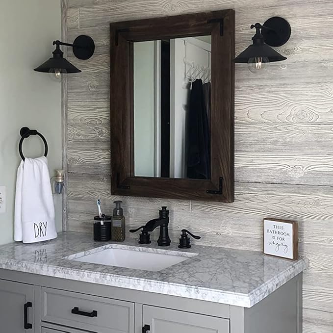 YOSHOOT Rustic Wooden Framed Wall Mirror, Natural Wood Bathroom Vanity Mirror for Farmhouse Decor, Vertical or Horizontal Hanging