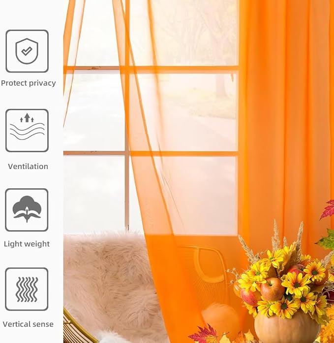 youleyar Solid Sheer Rod Pocket Curtain Voile Draperies 2 Panels Orange Beige - Image 4