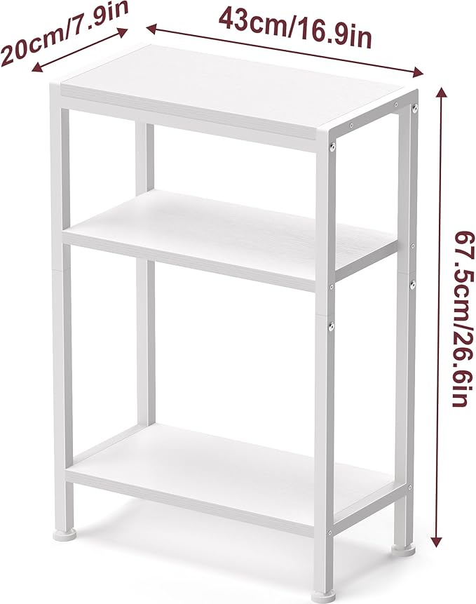 Narrow Side Table for Small Space Set of 2, 3-Tier Small End Table with Shelf Holder, Slim Nightstand, Skinny Snack Couch Table in Living Room, Bedroom, Study, Kitchen and Balcony（White