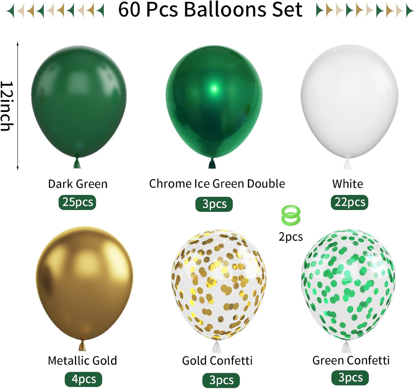 Green and Gold Balloons, 60Pcs Dark Green Gold Balloons, 12 Inch Metallic Gold Latex Balloons Green Gold Confetti Balloons Helium for Birthday Safari Jungle Baby Shower Anniversary Party Decoration
