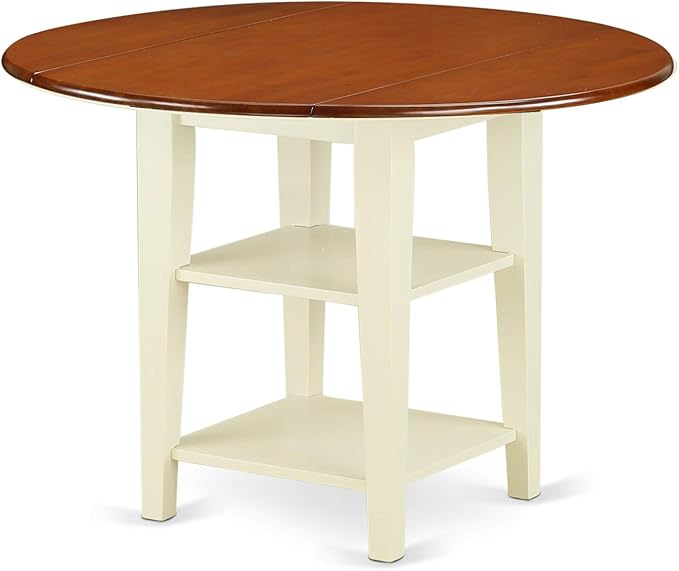 East West Furniture SUPL5-BMK-C 5 Piece Dining Room Furniture Set Includes a Round Kitchen Table with Dropleaf & Shelves and 4 Linen Fabric Upholstered Chairs, 42x42 Inch, Buttermilk & Cherry
