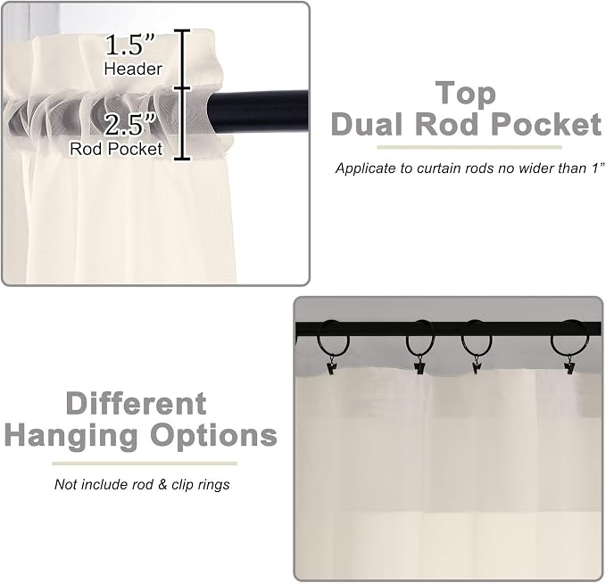 Cream Sheer Curtains for Bedroom Living Room 45 Inch Length 2 Panels, Soft Airy - Image 4