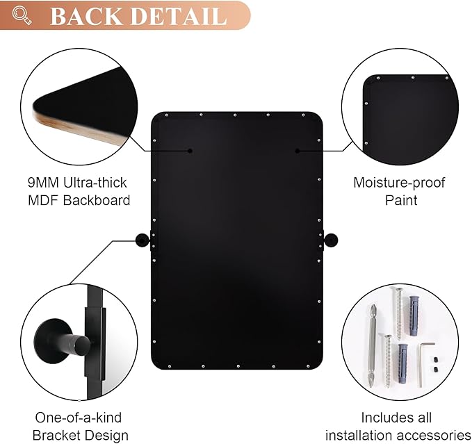 MOON MIRROR Matte Black Pivot Mirror Bathroom, Tilt Rounded Rectangular Bathroom Vanity, Overall 24.33x30 in (Mirror 20x30 in)