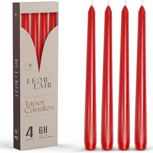 Leor & Lair Red Taper Candles - 4 Pack 10" Christmas Candlesticks - Unscented Long Burning Red Candles for Valentine’s Day, Christmas, Dinner Table, Weddings, Restaurants & Business Events