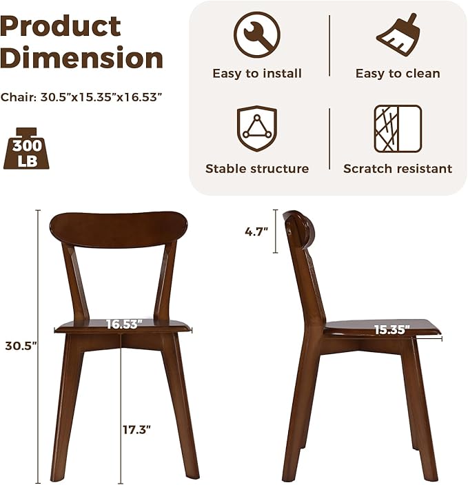 DELAVIN Soild Wood Dining Chairs Set of 4, Oak Wood Kitchen Chairs, Dining Room Chairs, Walnut