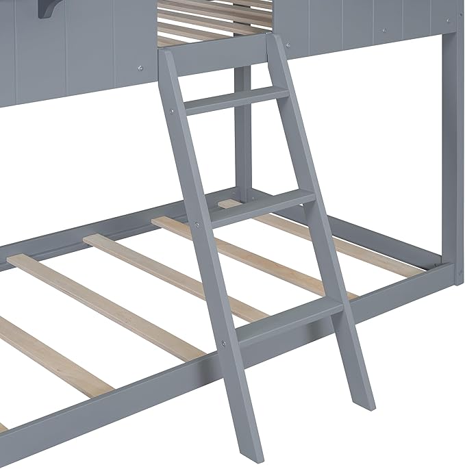 Ball & Cast Twin Over Twin Size Playhouse Bunk Bed with Roof and Window,Wood Bunkbed w/Full-Length Guard Rail & Ladder,Slat Support,Space Saving,Bedroom Furniture for Student Dorms,Gray