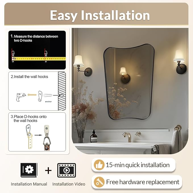 Black Bathroom Vanity Mirrors, 24 x 32 Irregular Wall Mirror with Black Trim Frame, Modern Asymmetrical Wall Mirror, Unique Shaped Decorative Mirrors for Living Room, Bedroom, Fireplace