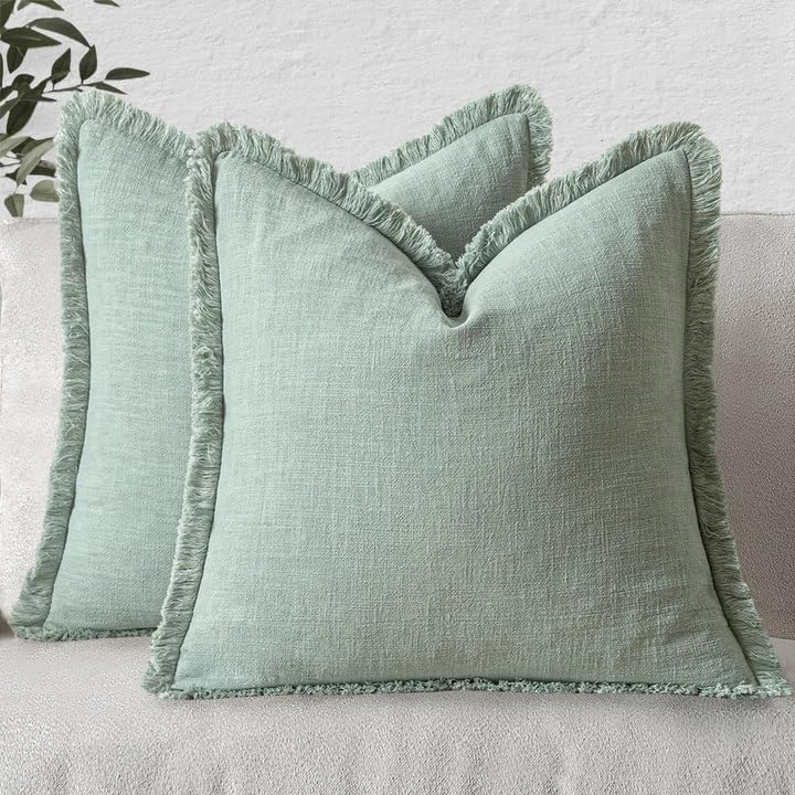 MIULEE Linen Fringe Decorative Euro Throw Pillow Covers Aqua Green 22x22 by MIULEE