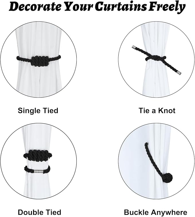BEL AVENIR Magnetic Cotton Curtain Tiebacks, Decorative Drapery Holdbacks Modern Woven Tie-Backs with Exquisite Knot (Black Cotton, 2 Pack)