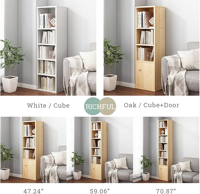 IOTXY Small Narrow Corner Bookcase - 59 Inches Tall Gap Freestanding Storage Cabinet, 6 Lattices Open Shelves Tower Rack with Door, Cubes Bookshelf in Oak