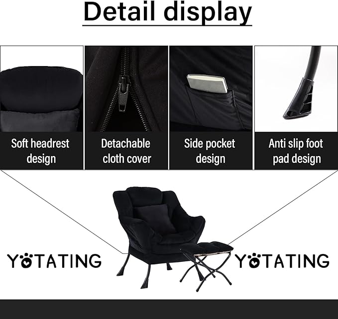 Lazy Chair with Ottoman, Comfy Reading Lounge Chair with Footstool & Throw Pillow Modern with Armrests & Side Pocket for Living Room, Bedroom, Dorm Room, Velvet Black