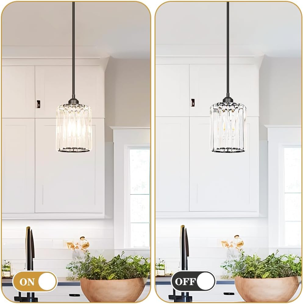 Black Kitchen Pendant Lights Over Island with Adjustable Rods - Crystal Pendant Lighting Fixtures for Sloped Ceiling, Ideal Over Dining Table or Bar, E26 Bulb Compatible, No Electrician Needed