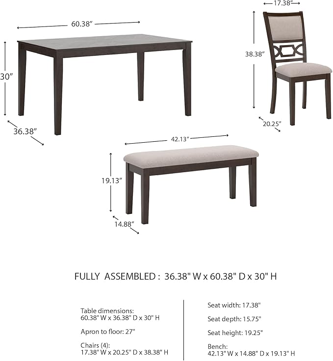 Signature Design by Ashley Langwest Transitional Diamond Patterned Dining Table with 4 Upholstered Chairs and Bench, Set of 6, Dark Brown & Beige