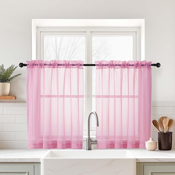 Light Pink Small Sheer Curtains 2 Panels Set, Kitchen Curtains 36 Inch Length by Home