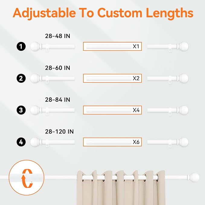 White Curtain Rods for Windows 28 to 48 Inch, 5/8" Diameter Heavy Duty Metal - Image 5