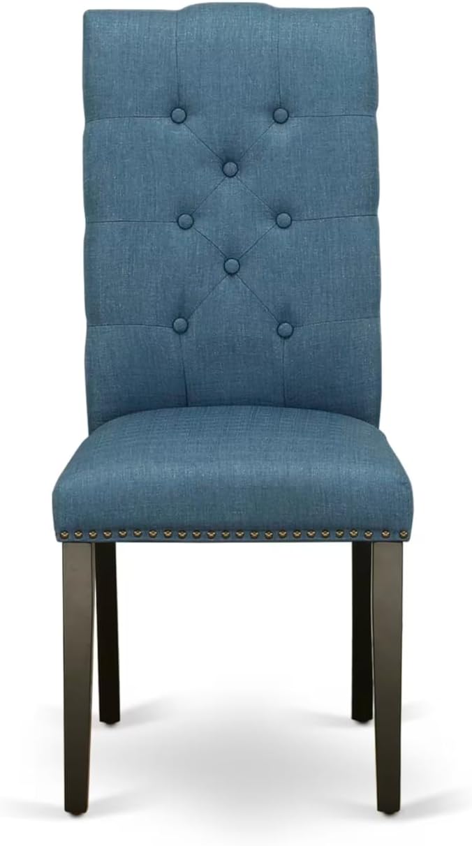 East West Furniture V697EL121-5 5 Piece Dinette Set Includes a Rectangle Dining Room Table with V-Legs and 4 Blue Linen Fabric Upholstered Parson Chairs, 40x72 Inch, Multi-Color