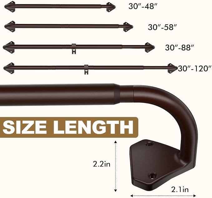 GXOACKJ Brown Curtain Rods for Windows 66 to 120 inch, 5/8 inch Adjustable Wrap - Image 4