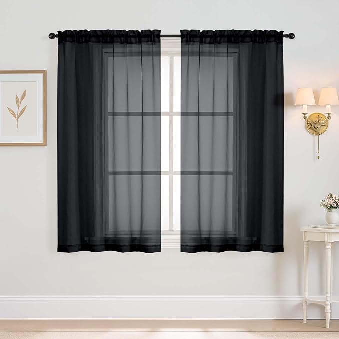 Halloween Black Window Sheer Curtains 45 Inches Length, Voile Short Curtains by Home