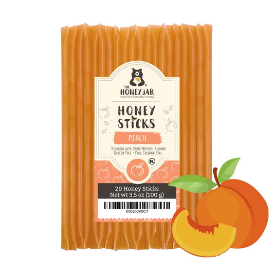The Honey Jar Peach Flavored Honey Sticks - Pure Honey Straws For Tea, Coffee, or a Healthy Treat - One Teaspoon of Flavored Honey Per Stick - Made In The USA with Real Honey - (20 Count)