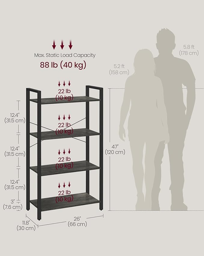 VASAGLE 4-Tier Bookshelf, Bookcase with Steel Frame, Book Shelf for Living Room, Home Office, Study, 11.8 x 26 x 47 Inches, Industrial Style, Charcoal Grey and Ink Black ULLS060B04