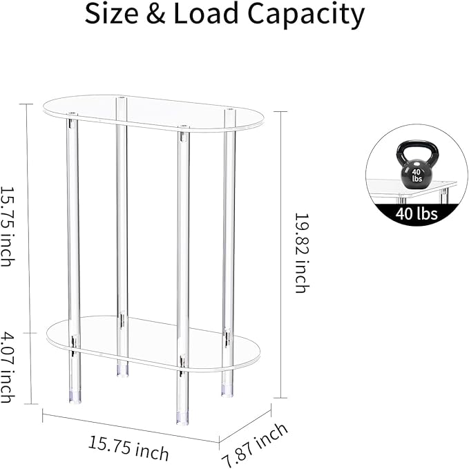 Clear Acrylic Narrow Side Table for Small Spaces, 15.75" L x 7.87" W x 19.82" H, 2 Tier Oval Slim End Table Nightstand, Small Skinny Bedside Table for Bedroom, Bathroom, Living Room