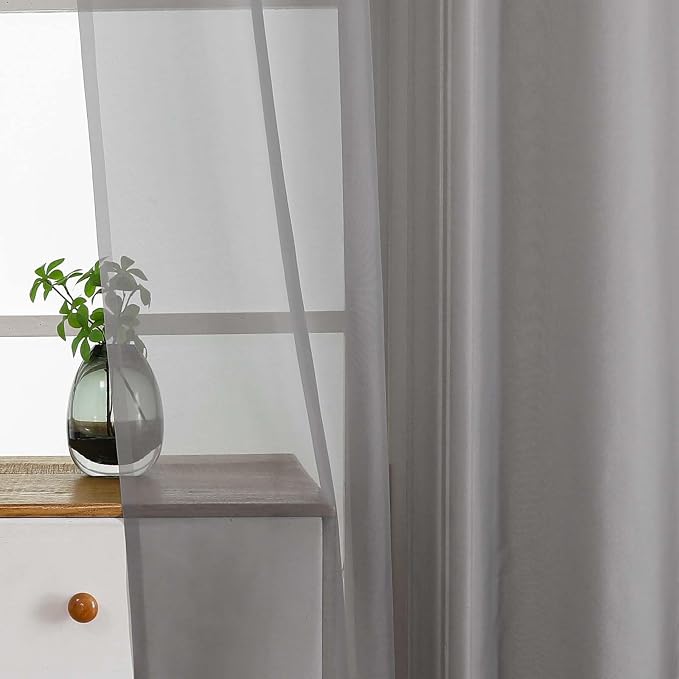 Grey Valances for Windows 14 inch Length 2 Panels, Small Voile Sheer Curtains - Image 4