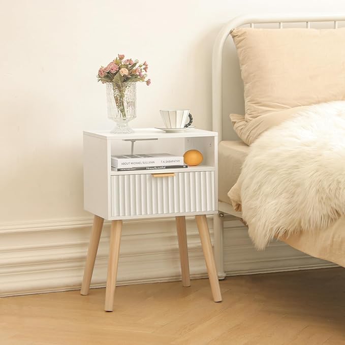 White Nightstand with Charging Station, Modern Bedside Table with Drawer and Solid Wood Legs, Fluted End Side Table for Bedroom, Dorm and Small Space (White)