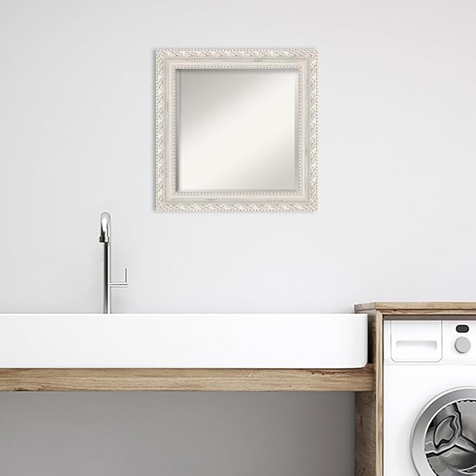 Amanti Art White Bathroom Mirror for Over Sink, 26x26 Opera Off White Square Vanity Mirror, Medium Traditional Wood Frame, Hangs Horizonally and Vertically, Bathroom Wall Decor, Beveled Edge from WI