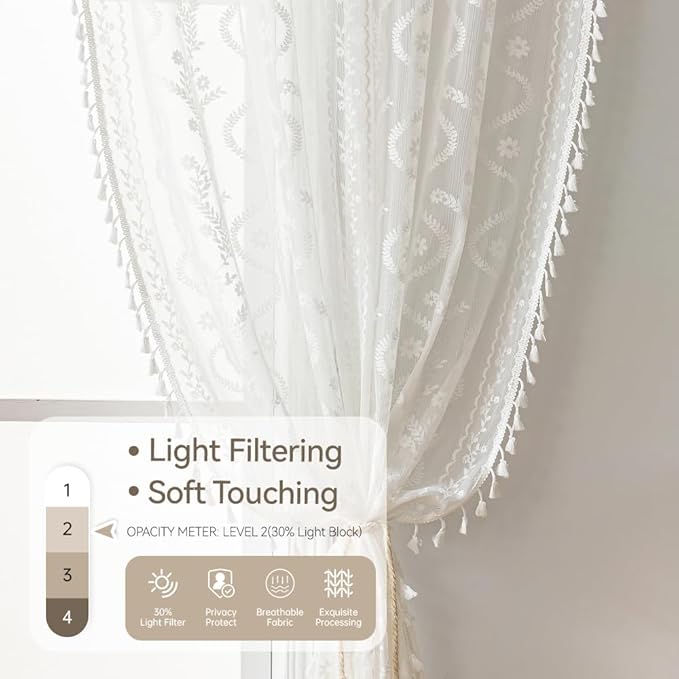 WAZZIO White Boho Lace Curtains 84 Inch -Cute Vintage Victorian Sheer Panel - Image 5