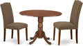 East West Furniture DLEN3-MAH-18 3 Piece Dining Room Furniture Set Contains a Round Dining Table with Dropleaf and 2 Dark Coffee Linen Fabric Parsons Chairs, 42x42 Inch, Mahogany