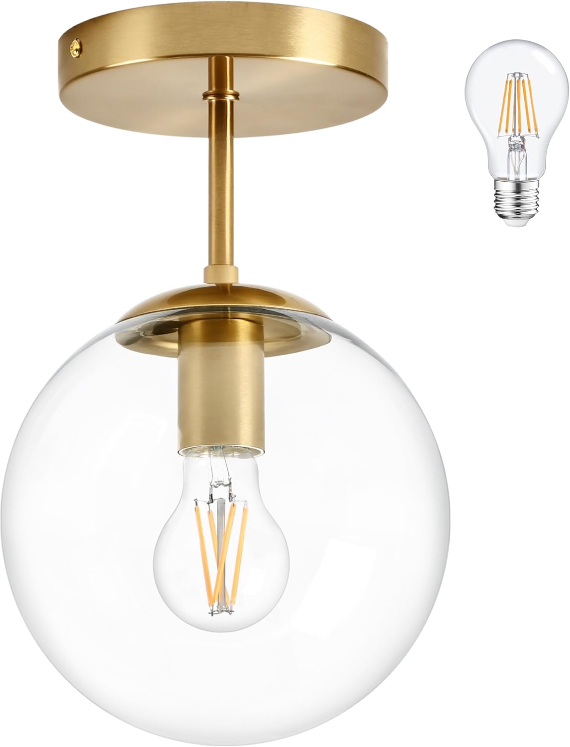 Globe Semi Flush Mount Ceiling Light, Clear Glass with Brass Finish, Contemporary Mid Century Modern Style Lighting Fixture Gold(12W 2700K LED Corn Bulb Included)