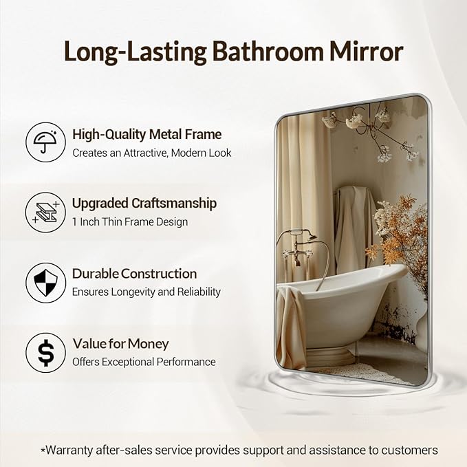 ANDY STAR Brushed Nickel Mirror, Stainless Steel Metal Frame 24x36 Inch Bathroom Mirror for Over Sink, Modern Rounded Corner Slim Silver Vanity Mirror for Wall Mounted Horizontally or Vertically