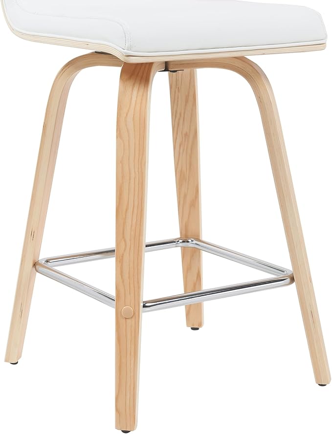 Vienna Modern Counter Height Swivel Bar Stool with White Faux Leather Seat and Patterned Oak Wood Frame Set of 3