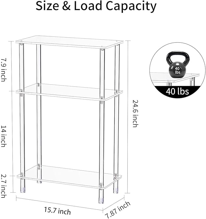 Clear Acrylic Narrow Side Table for Small Spaces, 15.7" L x 7.87" W x 24.6" H, 3 Tier Rectangle Slim End Table Nightstand, Small Skinny Bedside Table for Living Room, Bedroom, Bathroom