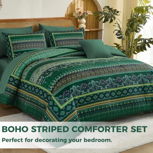Green Boho Comforter Set King Size, 8 Pieces Striped Bed in a Bag - Image 3