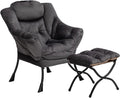 HollyHOME Fabric Lazy Chair with Foldable Ottoman, Accent Comfy Lounge Arm Chair and Folding Footrest Stool Set, Leisure Sofa Reading Chair and Footstool for Living Room, Bedroom, Dorm, Smoky Grey